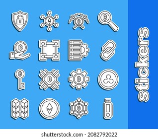 Set line USB flash drive, Cryptocurrency coin Ripple XRP, Chain link, Crossed pickaxe, Blockchain technology, Hand holding Bitcoin, Shield security with and Server gear icon. Vector