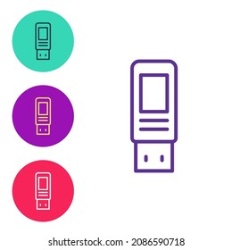 Ajuste el icono de la unidad flash USB de línea aislado en el fondo blanco. Indique los iconos en colores. Vector