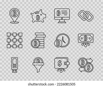 Set line USB flash drive, Cryptocurrency exchange, Mining bitcoin from monitor, Sales funnel with, Bitcoin, wallet and circuit icon. Vector