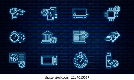 Setzen Sie die Linie USB-Stick-Einstellung, Schnelle Zahlungen, Toaster, Bank Building, Time Management, Security Kamera, Server und Power Bank Symbol. Vektorgrafik