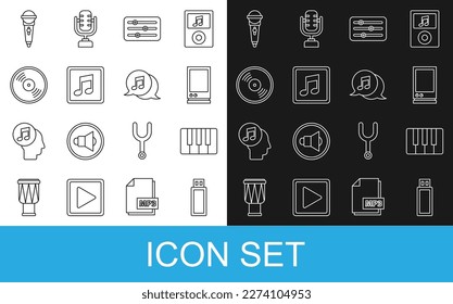 Set line USB flash drive, Music synthesizer, Voice assistant, Sound mixer controller, note, tone, Vinyl disk, Microphone and Musical speech bubble icon. Vector
