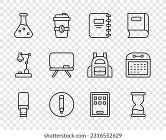 Set line USB flash drive, Old hourglass, Notebook, Pencil, Test tube, Chalkboard, Graphic tablet and Calendar icon. Vector