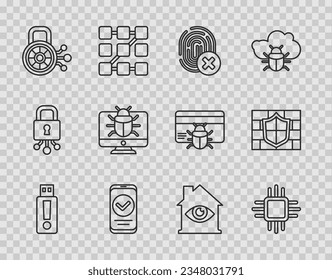 Ajuste la unidad flash USB de línea, el procesador con la CPU de microcircuitos, la huella digital cancelada, el Smartphone, la seguridad cibernética, el monitor de fallos del sistema, el escaneo de los ojos de la casa y el icono de pared de ladrillo Escudo. Vector