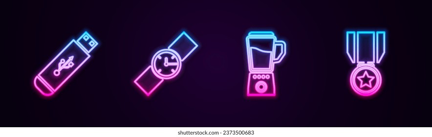 Set line USB flash drive, Wrist watch, Blender and Medal with star. Glowing neon icon. Vector