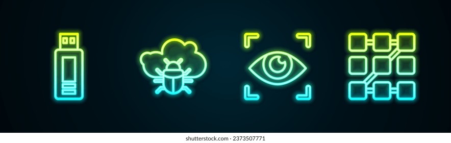 Set line USB flash drive, System bug on cloud, Eye scan and Graphic password protection. Glowing neon icon. Vector