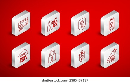 Set line USB flash drive with lock, Cyber security, Shield, Smartphone, Retro wall watch, Credit card, Lock and Cloud api interface icon. Vector