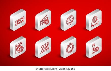 Set line USB flash drive setting, Radio, Setting, Toaster, Time management, Fast payments, Old hourglass with sand and Washer icon. Vector