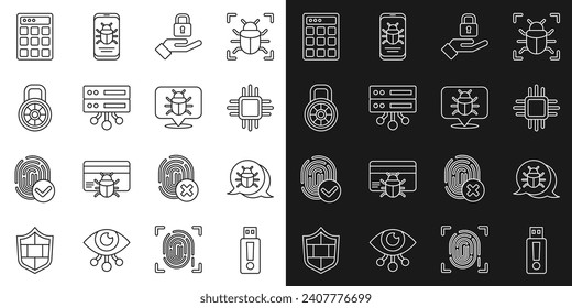 Configure la unidad flash USB de línea, fallo del sistema, CPU del procesador con microcircuitos, bloqueo en mano, servidor, datos, hospedaje web, bloqueo de combinación seguro, protección con contraseña e icono. Vector