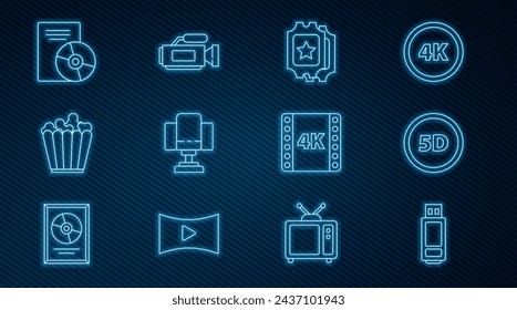 Set line USB flash drive, 5d virtual reality, Cinema ticket, Director movie chair, Popcorn box, CD DVD disk, 4k movie, tape, frame and camera icon. Vector