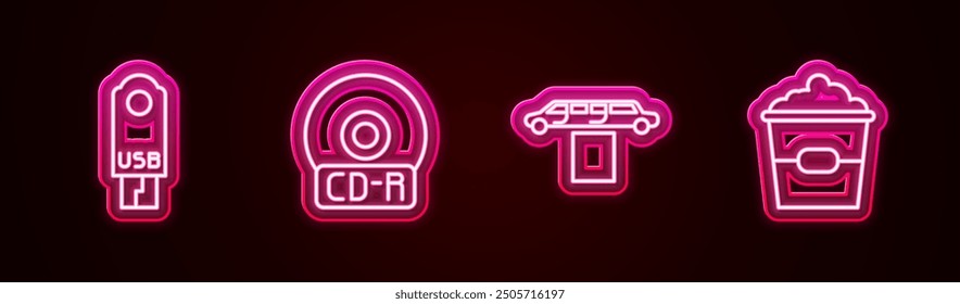 Set line USB flash drive, CD or DVD disk, Limousine car and carpet and Popcorn box. Glowing neon icon. Vector