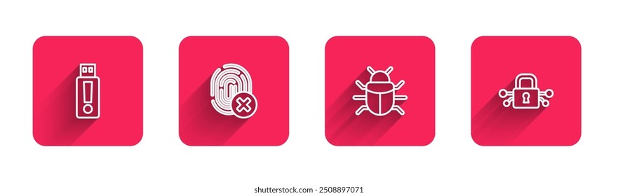 Set line USB flash drive, Cancelled fingerprint, System bug and Cyber security with long shadow. Red square button. Vector