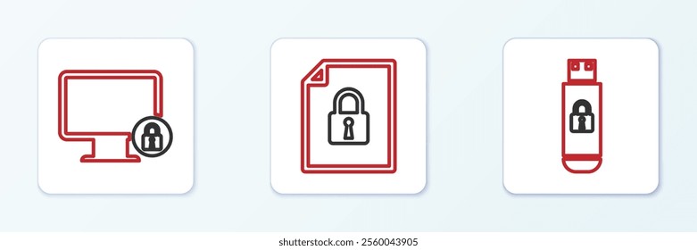 Set line USB flash drive with lock, Lock on monitor and Document and icon. Vector