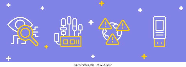 Set line USB flash drive, Earth with exclamation mark, Mechanical robot hand and Eye scan icon. Vector