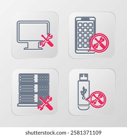 Set line USB flash drive service, Database server, Mobile Apps and Computer monitor icon. Vector