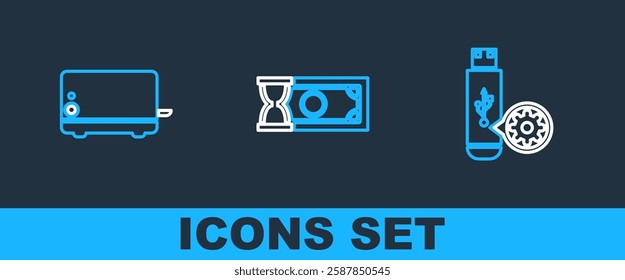 Set line USB flash drive setting, Toaster and Fast payments icon. Vector