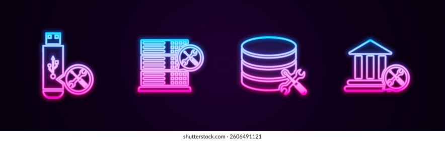 Set line USB flash drive service, Database server,  and Bank building. Glowing neon icon. Vector