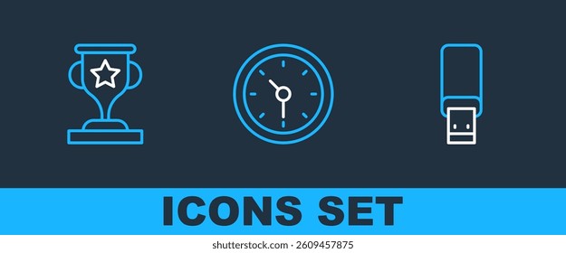 Set line USB flash drive, Award cup and Clock icon. Vector
