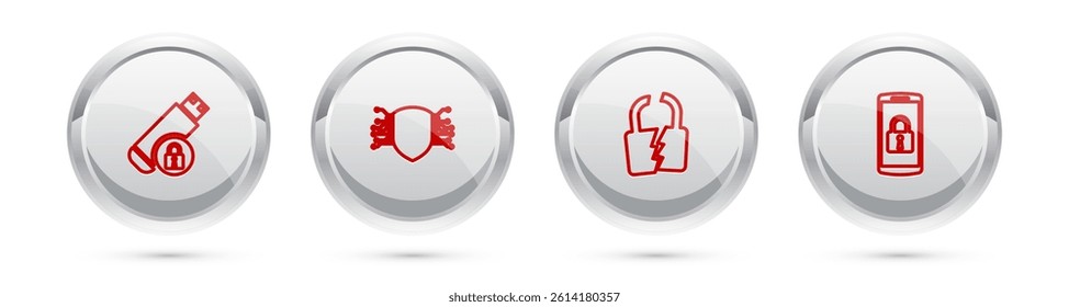 Set line USB flash drive with lock, Cyber security, Broken or cracked and Smartphone. Silver circle button. Vector