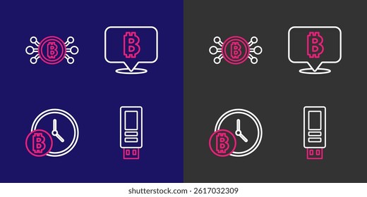 Set line USB flash drive, Bitcoin with clock,  and circuit icon. Vector