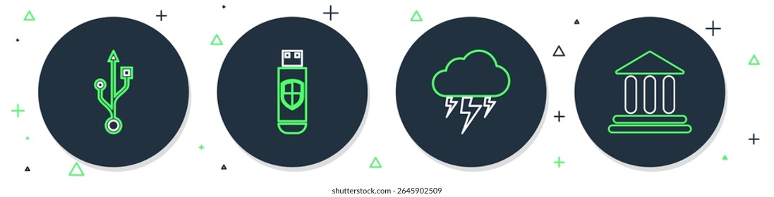 Definir linha USB flash drive e escudo, Storm, e Bank building icon. Vetor