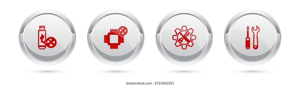 Establecer línea de servicio de unidad flash USB, procesador, llave y destornillador en el engranaje y llave de destornillador. Botón de círculo plateado. Vector