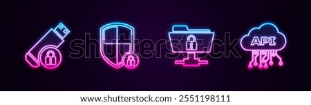 Set line USB flash drive with lock, Shield security, FTP folder and and Cloud api interface. Glowing neon icon. Vector