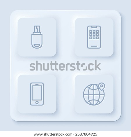 Set line USB flash drive, Mobile phone,  and Location the globe. White square button. Vector