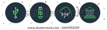 Set line USB flash drive and shield, Storm,  and Bank building icon. Vector
