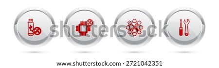 Set line USB flash drive service, Processor, Wrench and screwdriver in gear and Screwdriver wrench. Silver circle button. Vector
