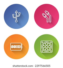 Set line USB, LAN cable network internet, SSHD card and Computer cooler. Color circle button. Vector