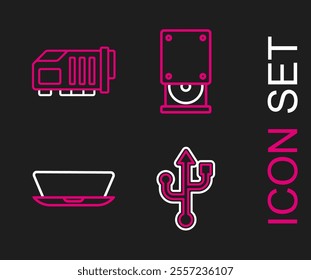 Set line USB, Laptop, Optical disc drive and Video graphic card icon. Vector