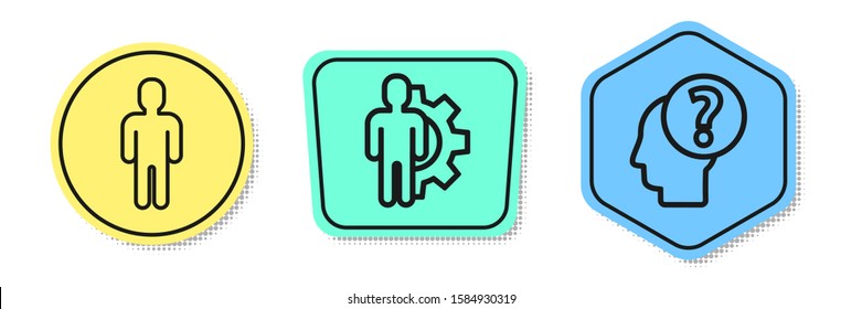 Set line User of man in business suit, Human with gear inside and Human head with question mark. Colored shapes. Vector