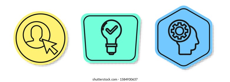 Set line User of man in business suit, Light bulb and check mark and Human head with gear inside. Colored shapes. Vector