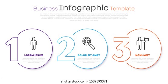 Set line User of man in business suit, Magnifying glass for search a people and Man holding flag. Business infographic template. Vector