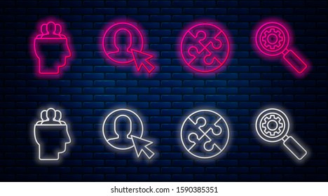 Set line User of man in business suit, Piece of puzzle, Project team base and Magnifying glass and gear. Glowing neon icon on brick wall. Vector
