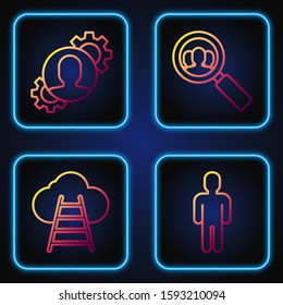 Set line User of man in business suit, Ladder leading to cloud, Human with gear inside and Magnifying glass for search a people. Gradient color icons. Vector