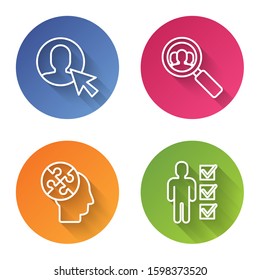 Set line User of man in business suit, Magnifying glass for search a people, Human head puzzles strategy and User of man in business suit. Color circle button. Vector
