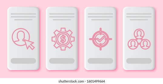 Set line User of man in business suit, Gear with dollar symbol, Target and check mark and Project team base. White rectangle button. Vector