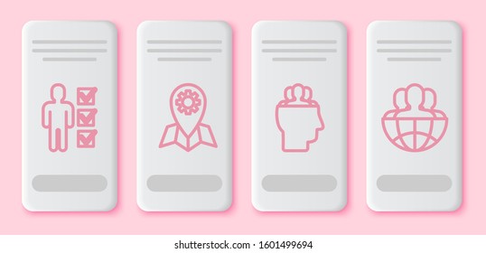 Set line User of man in business suit, Location job, Project team base and Globe and people. White rectangle button. Vector