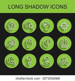 Set line User of man in business suit, Light bulb and check mark, Time Management, Human head with lamp, Project team base, puzzles strategy, Users group and question icon. Vector