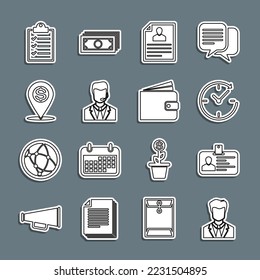 Set Line User of man in Business Anzug, Identification Badge, Uhren mit Pfeil, Wiederume, Man Headset, Cash Location Pin, Checkliste in Zwischenablage und Portemonnaie Icon. Vektorgrafik