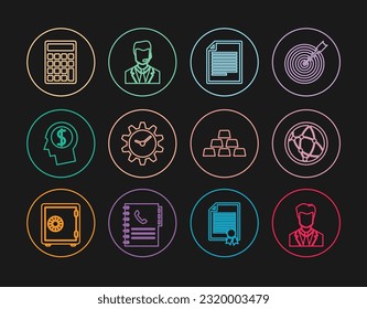 Set line User of man in business suit, Social network, Document, Time Management, Business planning mind, Calculator, Gold bars and with headset icon. Vector
