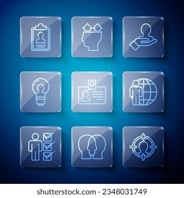 Set line User of man in business suit, Project team base, Head hunting, Hand for search people, Identification badge, with lamp bulb, Clipboard resume and  icon. Vector
