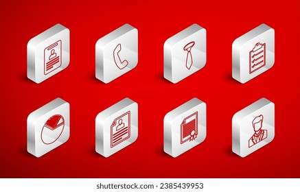 Set line User of man in business suit, Telephone handset, Tie, Clipboard with checklist, Certificate template, Identification badge, Resume and Pie chart infographic icon. Vector