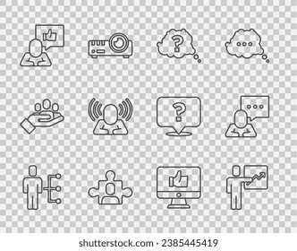 Set line User of man in business suit, Team leader, Question mark, Project team base, Hand like, Head hunting,  and Speech bubble chat icon. Vector