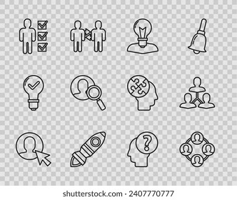 Set line User of man in business suit, Project team base, Human head with lamp bulb, Rocket ship fire, Magnifying glass for search people, question mark and  icon. Vector