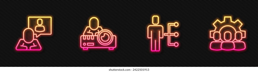 Set line User of man in business suit, Head hunting, Media projector and Project team base. Glowing neon icon. Vector