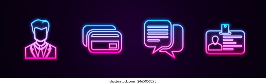 Set line User of man in business suit, Credit card, Chat and Identification badge. Glowing neon icon. Vector
