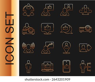 Set line User of man in business suit, Team leader, Media projector, Head hunting, Hand like, Project team base and  icon. Vector