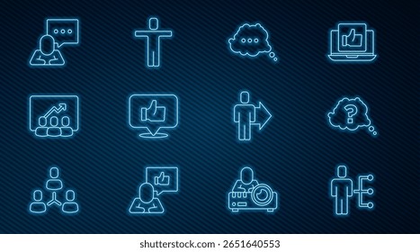 Set line User of man in business suit, Question mark, Speech bubble chat, Hand like, Project team base, Team leader and Head hunting icon. Vector
